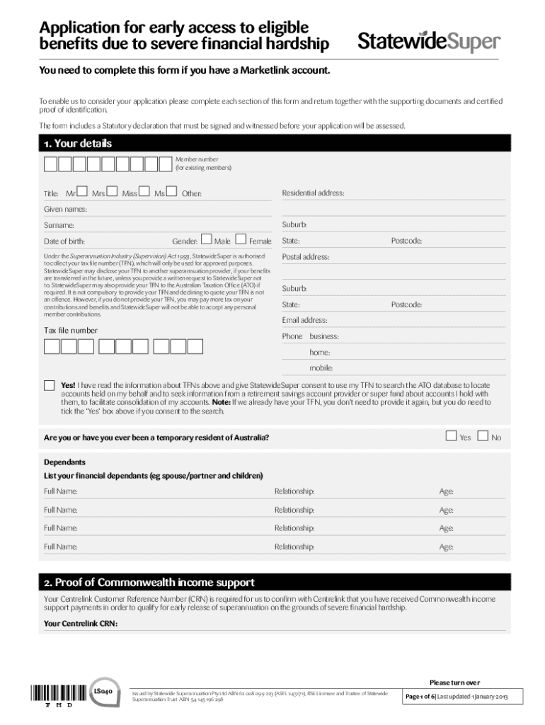  Statewide Super Withdrawal Form 2013-2024