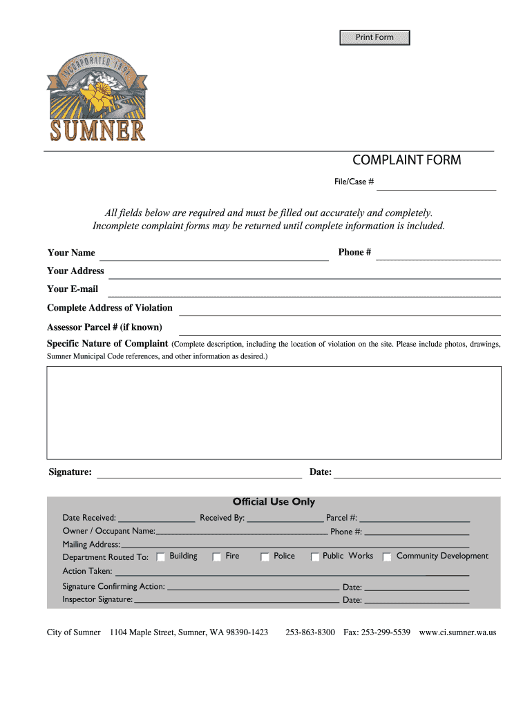 Code Violation Complaint Form  City of Sumner