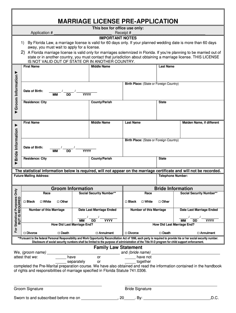 Get and Sign State of Florida Marriage License Template Printable  Form