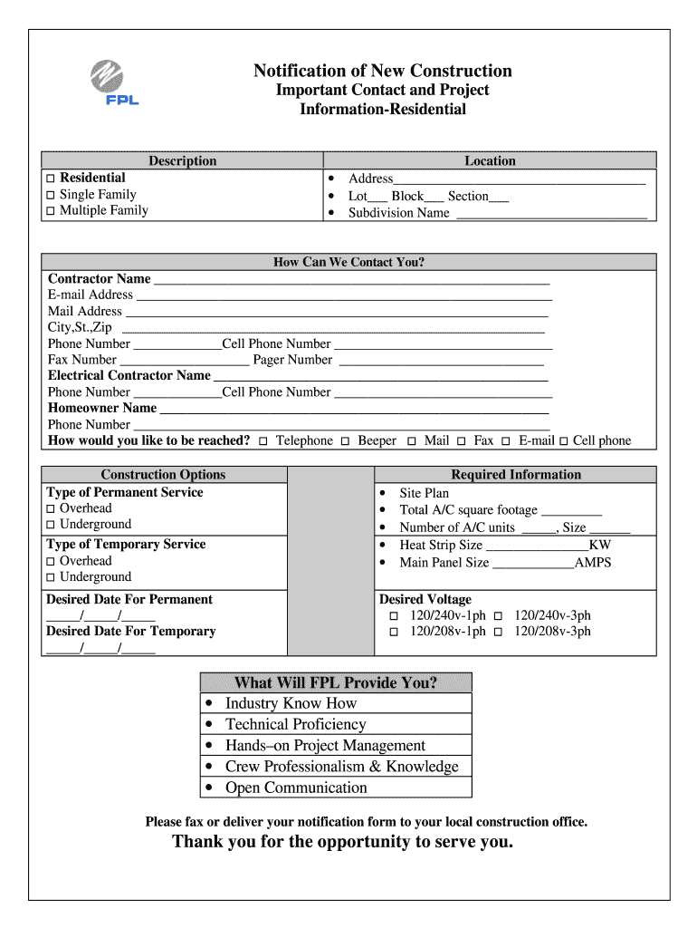Fpl New Construction  Form
