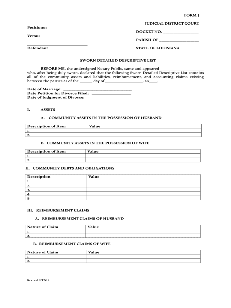 Get and Sign Detailed Descriptive List Louisiana 2012-2022 Form