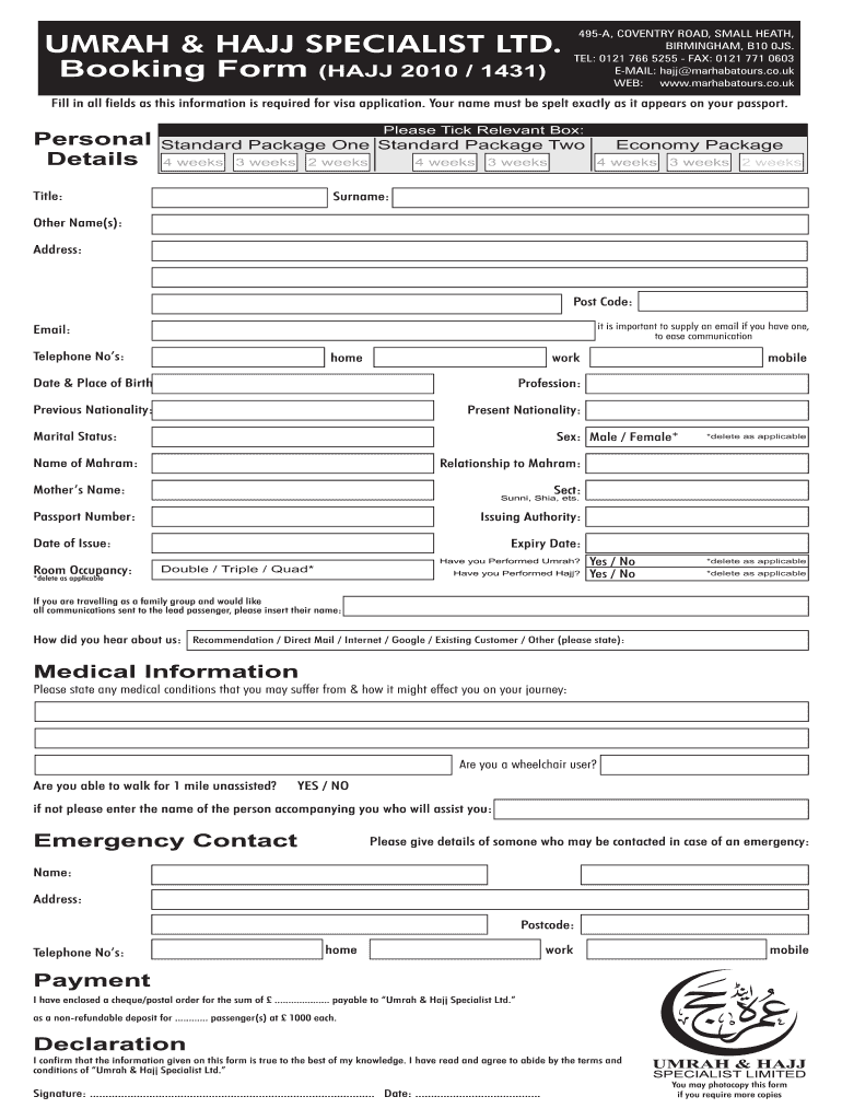 Umrah and Hajj Specialist Ltd  Form