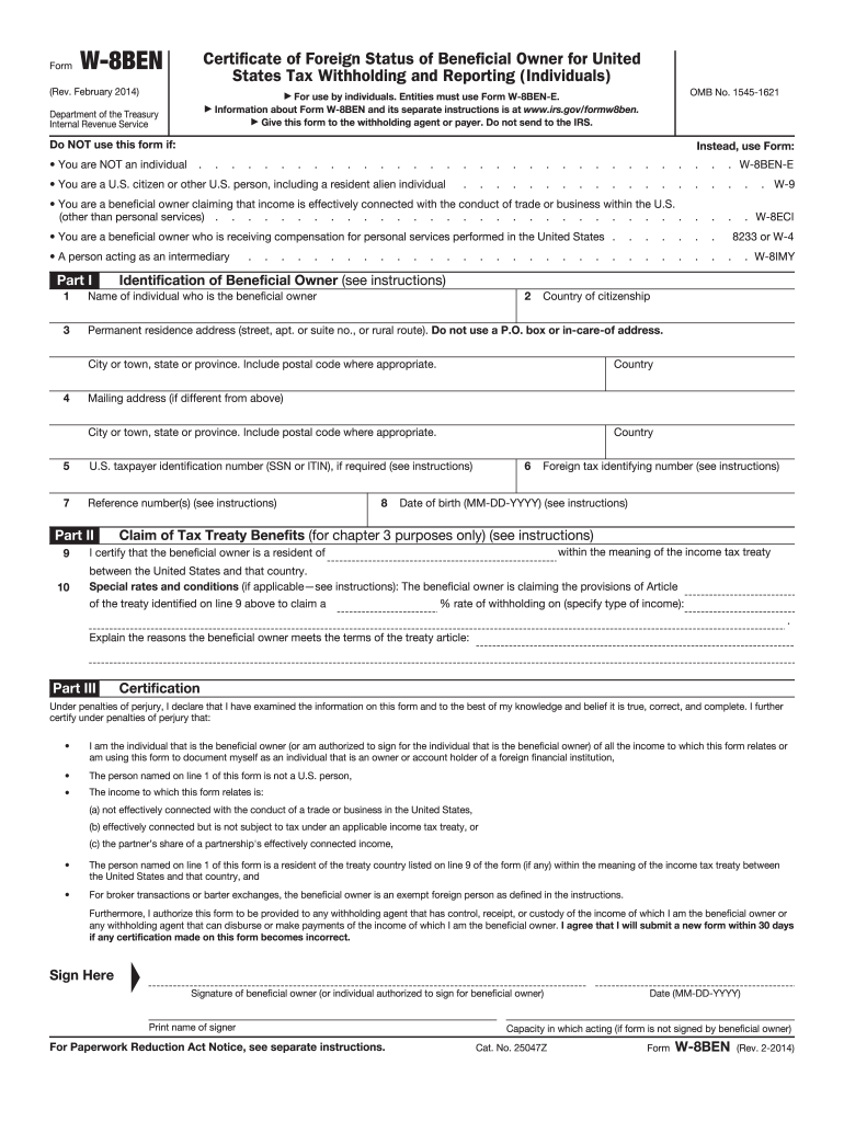 Instructions for Form W 8BEN Rev February  TD Ameritrade