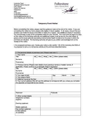 Shepway District Council Temporary Events Notice Form