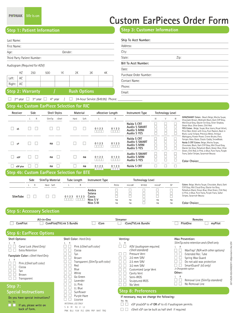 Custom EarPieces Order Form  Phonak