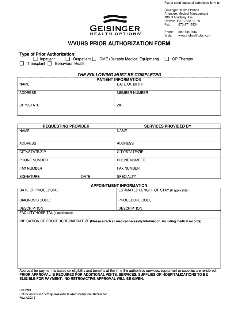 Geisinger Prior Authorization Form