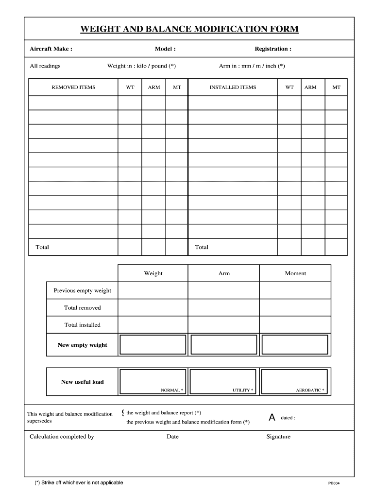 Get and Sign Blank Aircraft Weight and Balance Revision Form