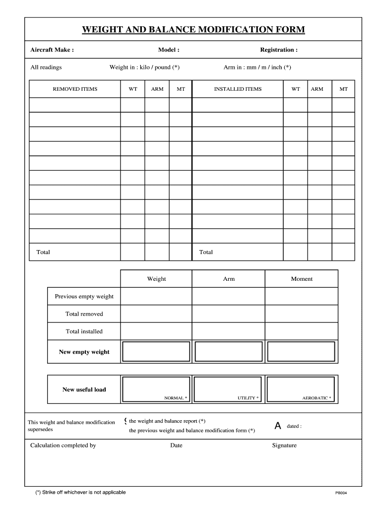 Blank Aircraft Weight and Balance Revision Form