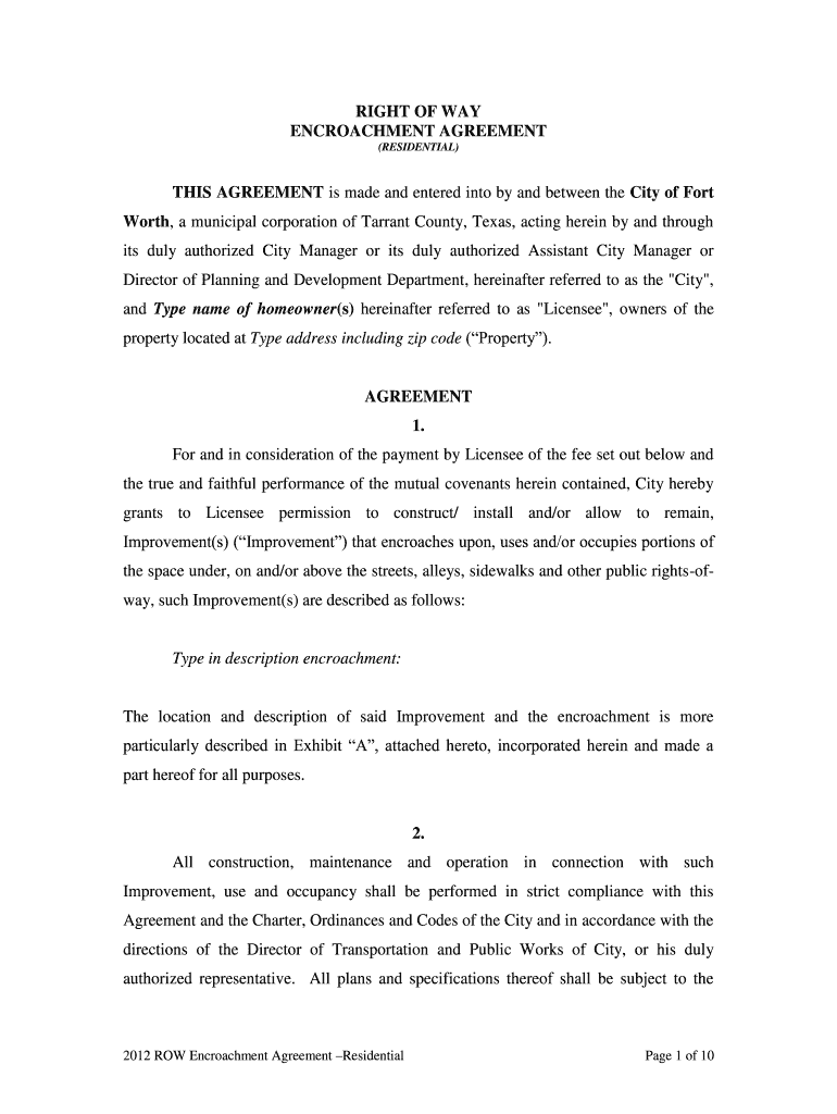  RIGHT of WAY ENCROACHMENT AGREEMENT Fort Worth, Texas 2012-2024