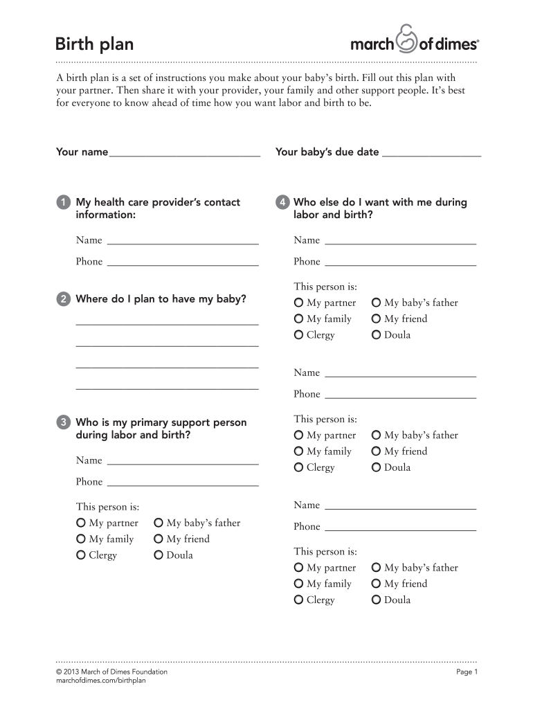 March of Dimes Birth Plan  Form