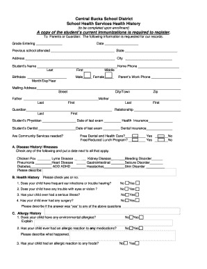  Kindergarten Health History Form PDF Central Bucks School District Cbsd 2007-2024