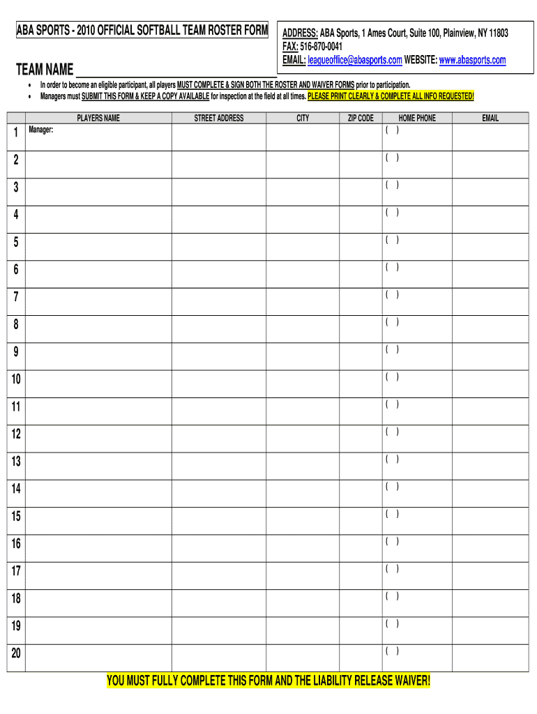 Softball Roster Forms Fill Out And Sign Printable PDF Template SignNow