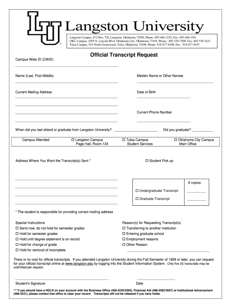 Get and Sign Langston University Transcript Request  Form