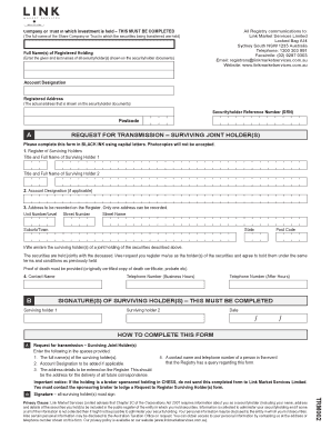 Request for Transmission Surviving Joint Holder Link Market  Form