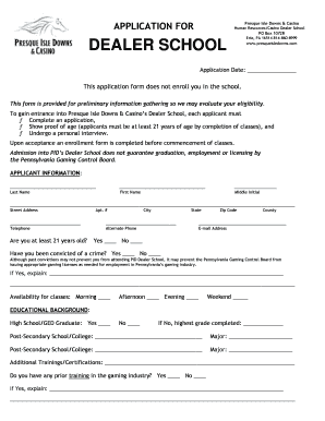 Application for Dealer School Presque Isle Downs &amp; Casino  Form