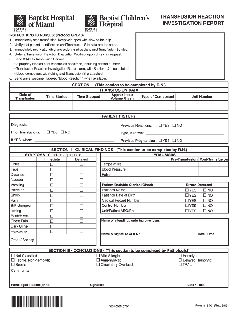  Form 1670 Transfusion Reaction Investigation Report Indd 2009-2024