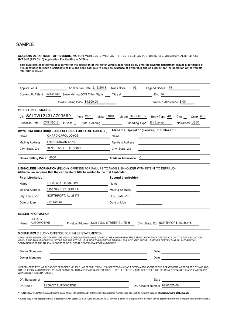 Get and Sign Alabama Title Application  Form