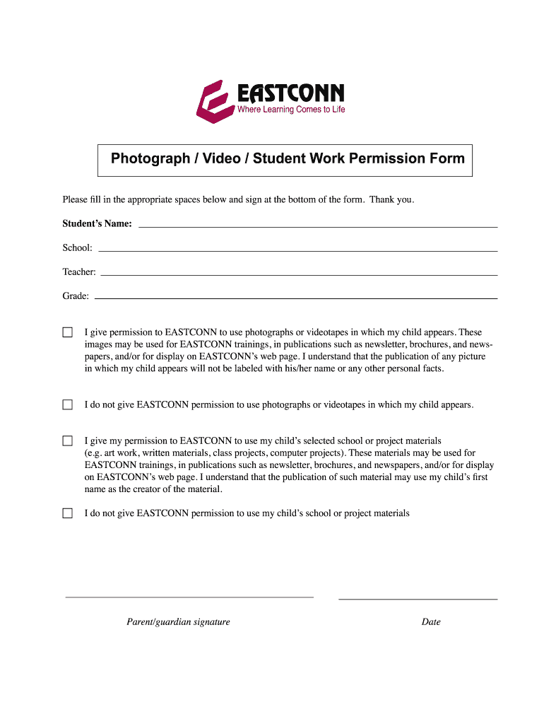 Photograph Video Student Work Permission Form  Eastconn