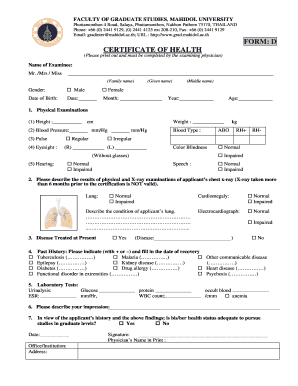 FORM D CERTIFICATE of HEALTH Mahidol University