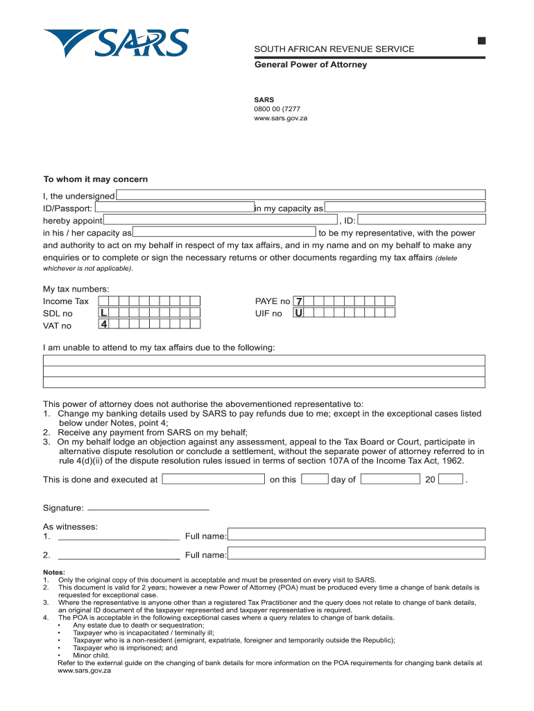 Sars Special Power of Attorney Form Download PDF