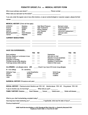 PODIATRY GROUP, P a MEDICAL HISTORY FORM