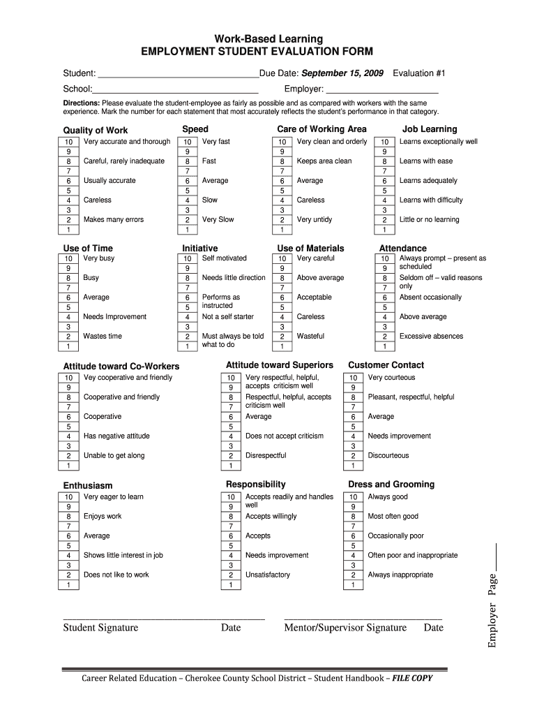 Work Based Learning EMPLOYMENT STUDENT EVALUATION FORM