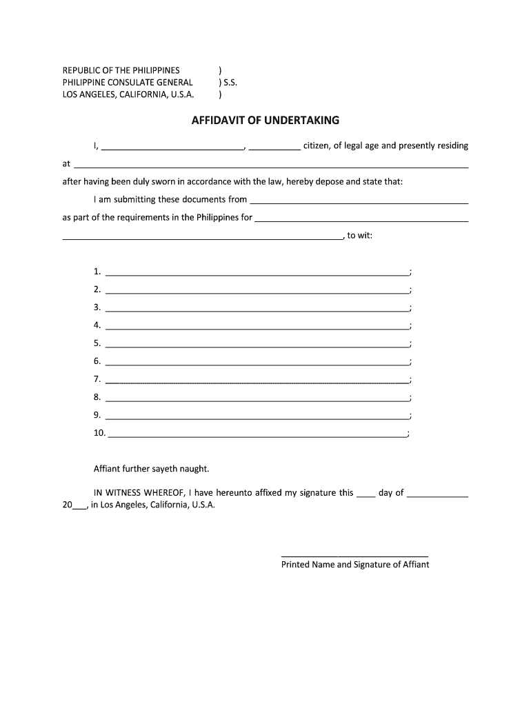AFFIDAVIT of UNDERTAKING Philippine Consulate Philippineconsulatela  Form