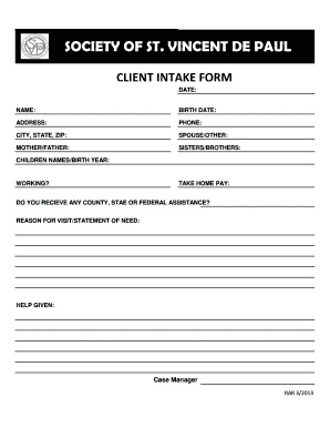 Client Intake Sheet Svdp  Form