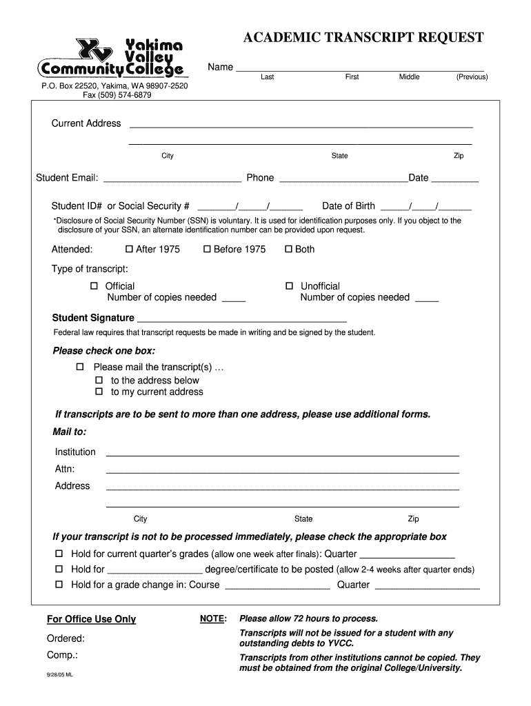  Official Transcript Form  Yvcc 2005