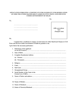 Application Form for a Certificate for Eligibility for Reservation of Jobs