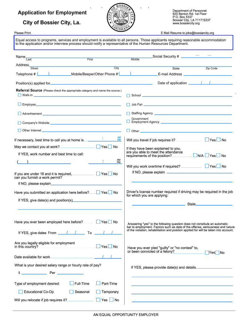 Bossier Application  Form