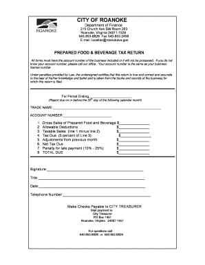 City of Roanoke Prepared Food Beverage Tax  Form