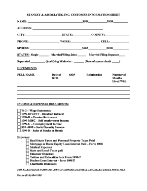 Income Tax Customer Information Form Stanley &amp;amp; Associates