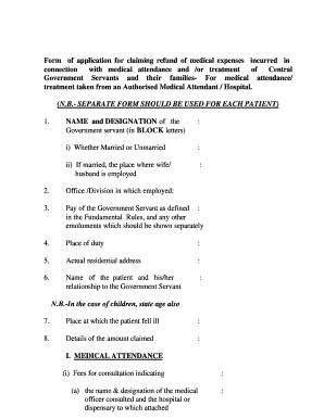 Form of Application for Claiming Reimbursement of Medical Expenses of Government Servants