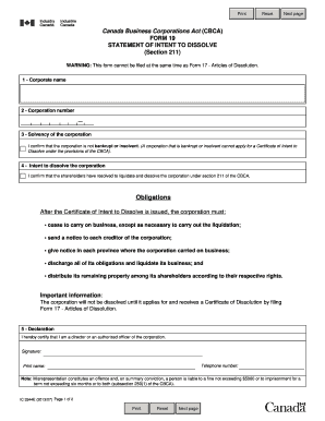 Form 19 Statement of Intent to Dissolve