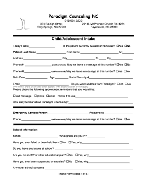 Child Adolescent Intake Form Paradigm Counseling