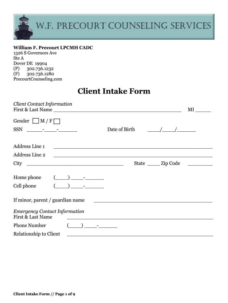 Client Intake Form Precourt Counseling Services
