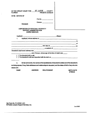 Disposition of Personal Property Without Administration Form Stlucieclerk