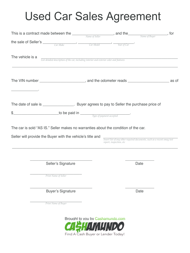 Printable Vehicle Purchase Agreement  Form