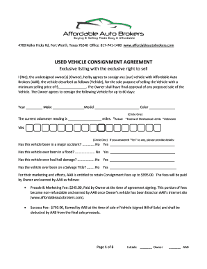 USED VEHICLE CONSIGNMENT AGREEMENT Affordable Auto  Form