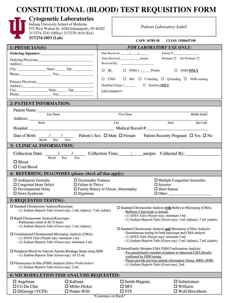  CONSTITUTIONAL BLOOD TEST REQUISITION FORM  Genetics Medicine Iu 2013