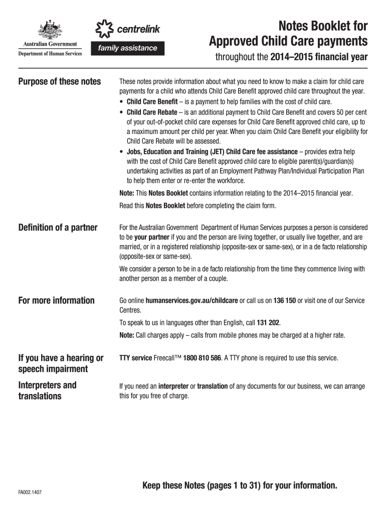  Claim for Approved Child Care Payments Throughout the 20142015 Financial Year 2014