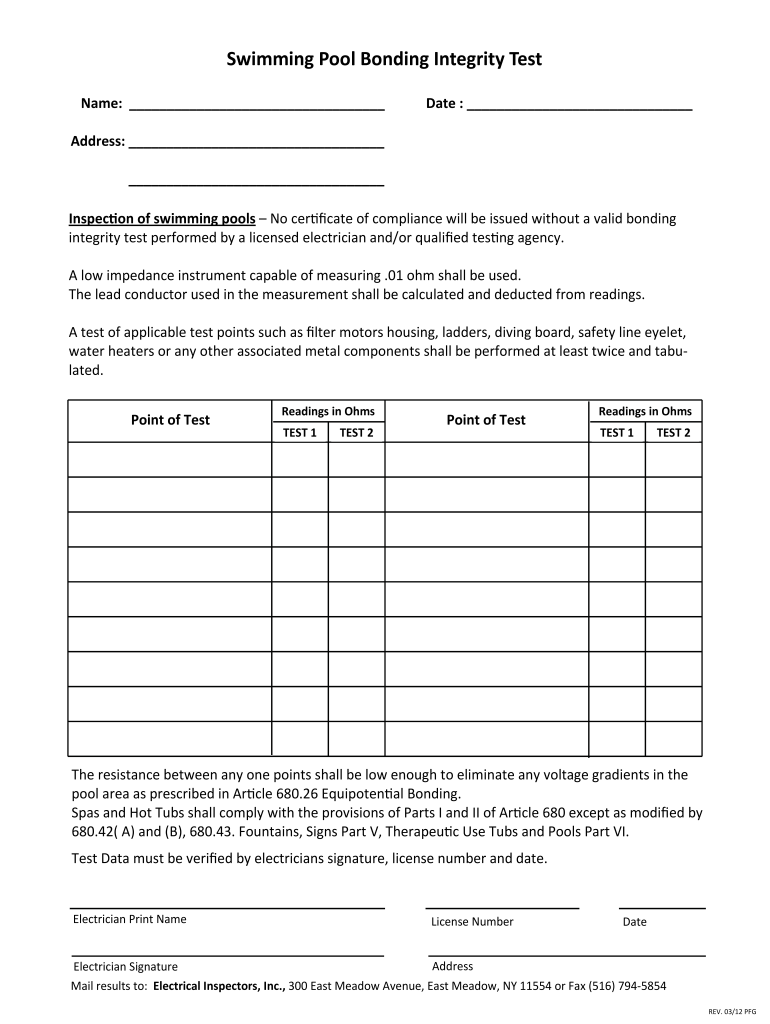  Pool Bonding Integrity Test 2012-2024