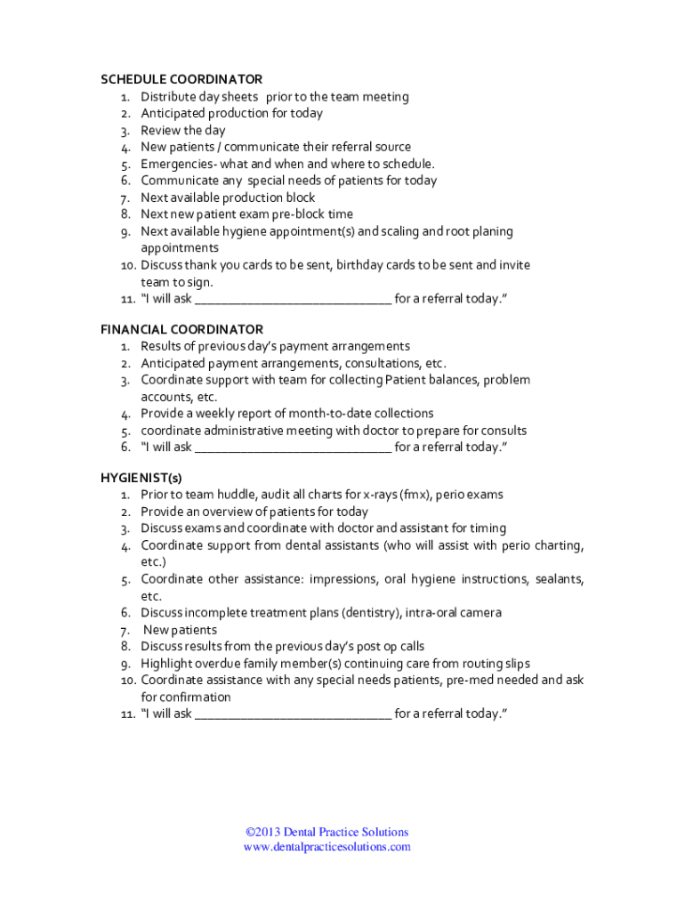 Dental Office Morning Huddle Template  Form