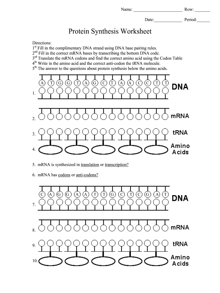 Protein Synthesis Worksheet Form Fill Out And Sign Printable PDF Template SignNow