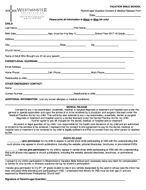 VACATION BIBLE SCHOOL Consent and Medical Release  Form