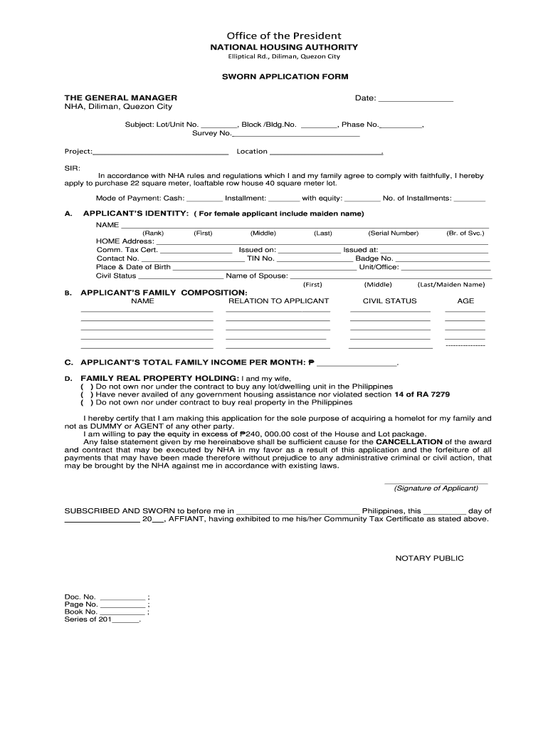 National Housing Authority Sworn Application Form