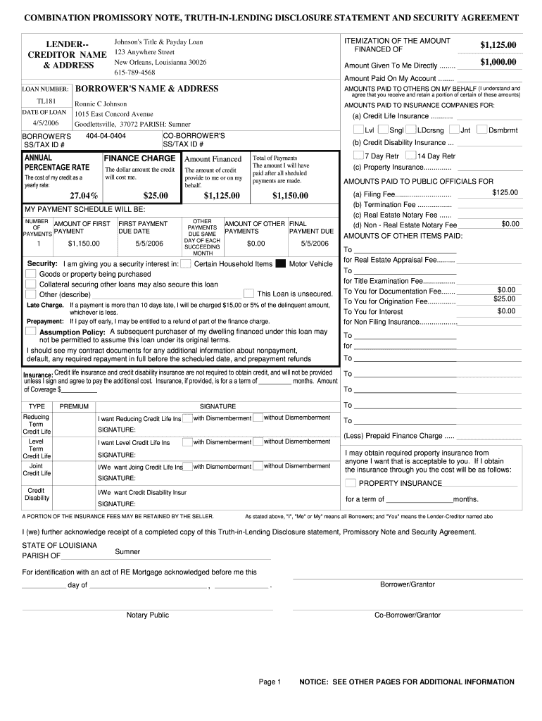 Truth in Lending Promissory Note PDF  Form