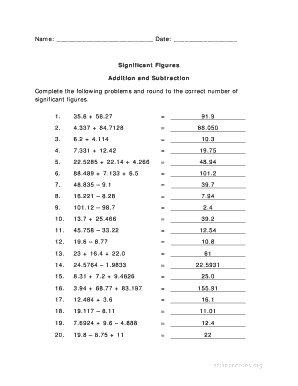 Significant Figures Addition and Subtraction Worksheet  Form