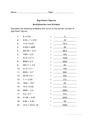 Significant Figures Multiplication and Division Worksheet  Form